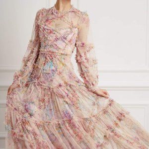 Needle and Thread Pink Floral Diamond Ruffle Gown
